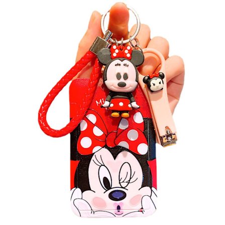 Busskortholder i tegneseriestil, herdet plast, glidelås, runde hjørner, med håndstropp, dukke, musejente