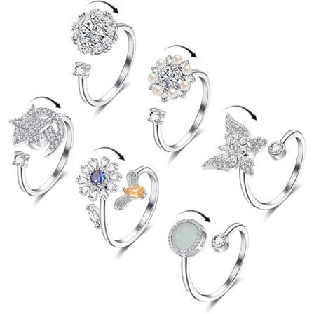 6 stk. Åben antistress ring - Roterbar antistress ring, Fidget Spinner Ringe Sølv