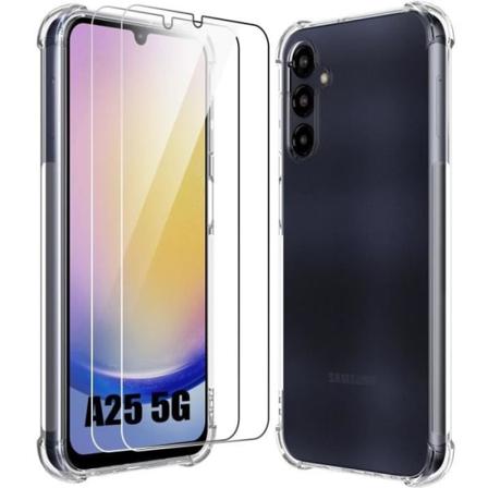 Etui til Samsung Galaxy A25 5G med 2 hærdede briller, beskyttelse 4 forstærkede hjørner gennemsigtig silikone Transparent