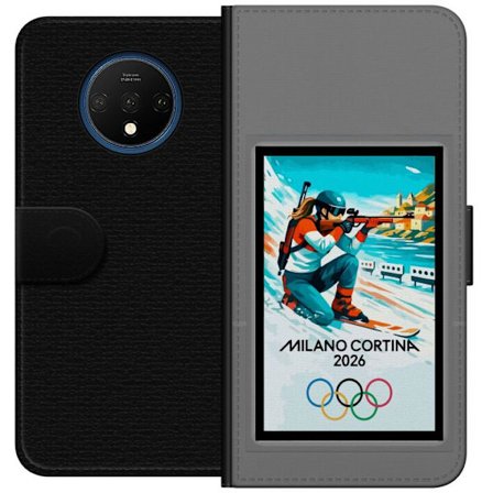 Kompatibelt Lommeboketui til OnePlus 7T Retroplakat Cortina Milano 2026 med fjell, vintersportsutøvere, italienske trikolor, Milano-katedralen og olym