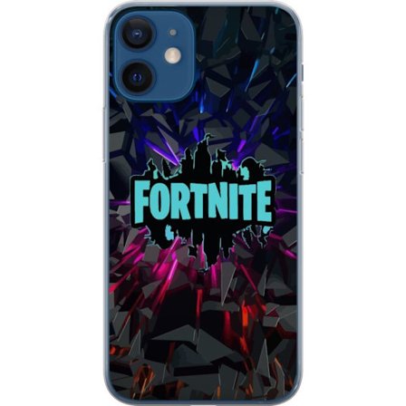 Kompatibelt Mobildeksel til Apple Apple iPhone 12 mini Fortnite-logo - Svart bakgrunn med blå neon og fargede lys