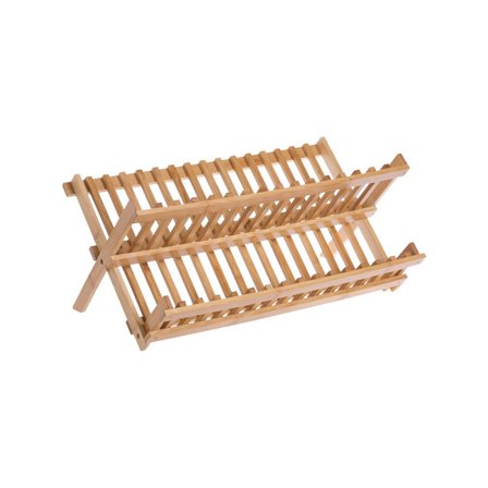 Oppvaskstativ med bestikkurv, dryppbrett i bambus, sammenleggbart kompatibelt med store tallerkener