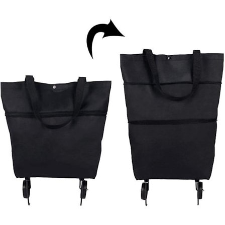 Sammenleggbar handletralle, sammenleggbar to-trinns glidelås sammenleggbar handlepose med hjul sammenleggbar handletralle for frukt, grønnsaker, 