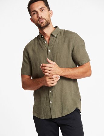 Lindbergh Black Soft Linen Shirt S/S - Modern Fit - Green - S