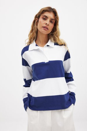 NA-KD Long Sleeve Polo Shirt - Langærmede t-shirts - Stripe - M (EU 38-40)