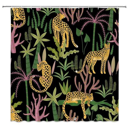 Boho Gepardi Suihkuverho, Trooppinen Leopardi Villieläin Kylpyverho, Moderni Kylpyhuoneen Verho Pinkki Esteettinen Kuun Vaihe Sininen Kukka, 90x180cm-
