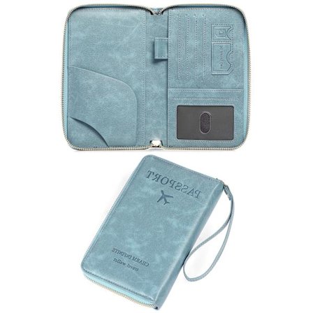 Passholder for reise, lyseblått skinn RFID-blokkerende lommebok med kortspor og oppbevaring for boardingkort, universelt passdeksel