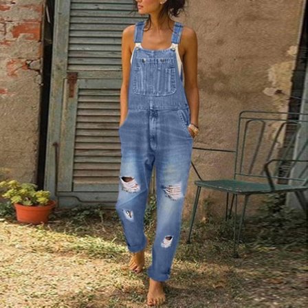 Dame Vasket Denim Bib Jeans Overalls Casual Ripped Denim Jumpsuits Rompers