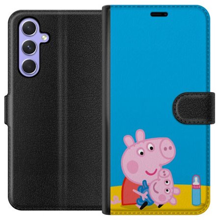 Yhteensopiva Lompakkokotelo Samsung Galaxy A54 Peppa Pig haltijan teema kruunulla ja taikasauvalla vaaleanpunaisella taustalla, söpö lasten kuvitus Gr