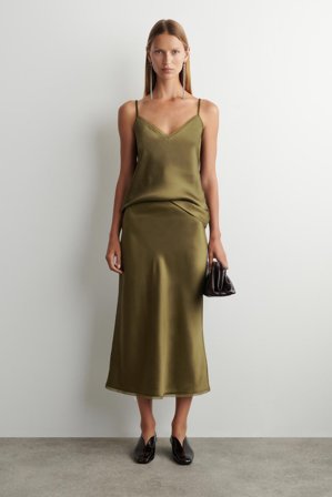 COS Women's Bias-Cut Satin Midi Skirt in Green
