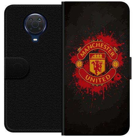Yhteensopiva Lompakkokotelo Nokia Nokia G20 Manchester United logo punaisella ja keltaisella värillä, raikas urheilullinen tausta