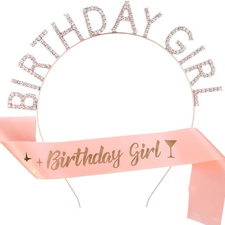 Bursdagstiara og skjerfsett for kvinner - Rosegull Rhinestone Prinsessekrone med "Birthday Girl" Pannebånd, Glitrende Festtilbehør(2