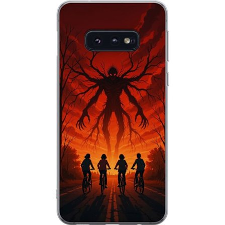 Kompatibelt Mobildeksel til Samsung Galaxy S10e Mørk Stranger Things-inspirert skrekkillustrasjon med rød himmel, monsterfigur og syklende barn i dram
