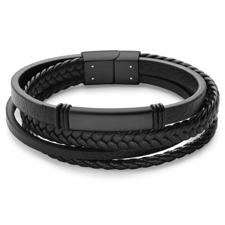 Brazalete de Identificación de acero inoxidable negro cepillado para hombres - Pulseras de cuero