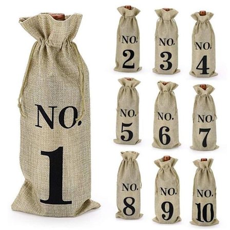 10-pak Jute Vinposer, 35,5 x 16 cm Hessian Nummererede Flaskegaveposer med Snøre til Blinde Vinsmagninger (Brun)