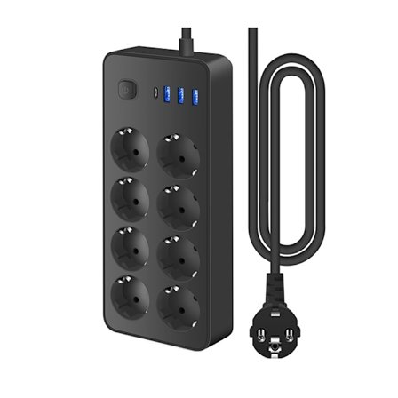 INF Musta EU-standardin USB-C-pistorasia 8 pistorasialla ja 3 USB-portilla