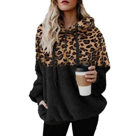Hoodie för kvinnor Leopardmönstrad plyschtröja med fickor dragsko huva S Black