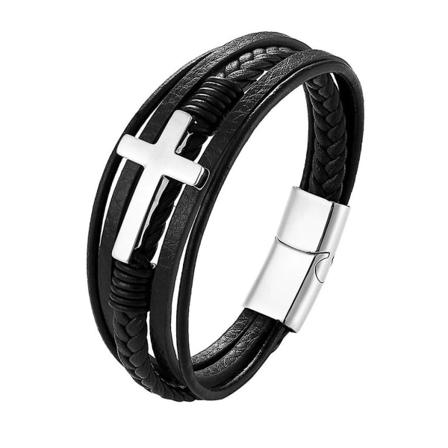 Svart gull sølv flerlags flettet armbånd for kors religiøst lær armbånd [LGL] B