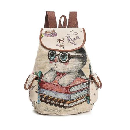 Fashion Dam Väskor Canvas Söta Katt Tryckta Resor Dam Casual Ryggsäck 840c