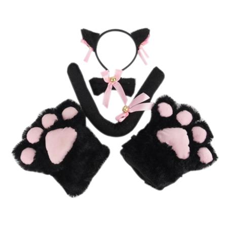 5 stk/sæt Kat Cosplay Kostume Kat Hale Ører Krave Poter Handsker S Black One Size