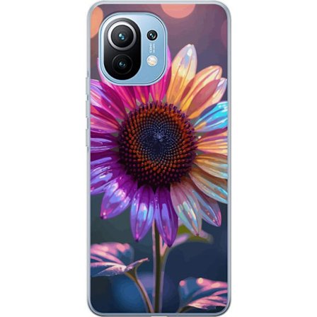 Kompatibelt Mobildeksel til Xiaomi Mi 11 Irideserende blomst med glitrende kronblad i rosa lilla og gull mot myk bokeh bakgrunn