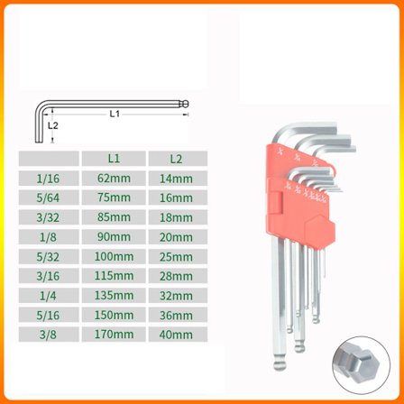 Sæt med 9 stk. han-unbrakonøgler med kuglehoved, unbrakonøgler i tommer