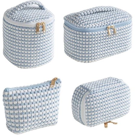 ING Fire-delt sminkeveske/sett, reiseorganisator, kordfløyel sminkeveske, kosmetikkveske, fancy toalettmappe, gave til kvinner og jenter (blå)