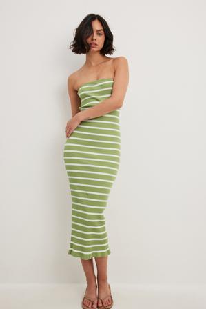 NA-KD Basic Robe tube mi-longue à rayures - Robes bandeau - Vert,Stripe - Large
