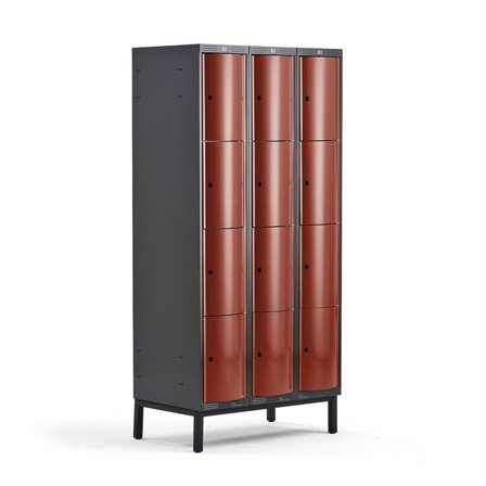Clothes locker CURVE, leg frame, 3 x 4 doors, 1940x900x550 mm, red