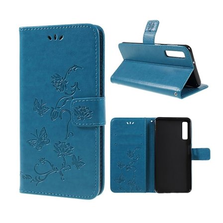 Samsung Galaxy A7 (2018) mobiletui i kunstlæder med indgraveret sommerfugl - Blå