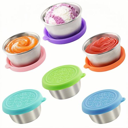 Mini-elintarvikkeiden säilytysastiat, 6 kpl, 70 ml, salaatinkastikeastiat, ruostumattomasta teräksestä valmistetut välipalalaatikot, BPA-vapaat 