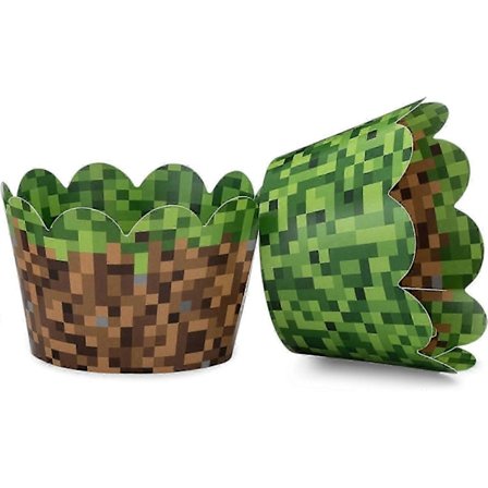 Minecraft-tema Cupcake Wraps Bursdagsselskap Sett med 24 Reversible Ingeniørgress og Grønn Piksel Cupcake Wraps, 2024 Ping (FMY)