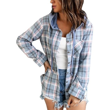 Dam Rutig Långärmad Skjorta Casual Hooded Topp Knäppt Jacka