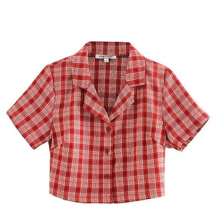 College Hög Midja Kort V-ringad Rutig Kortärmad Skjorta