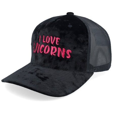 Unicorns - I Love Unicorns Velvet Black/Black A-frame Trucker Trucker Black Cap - @ Hatstore