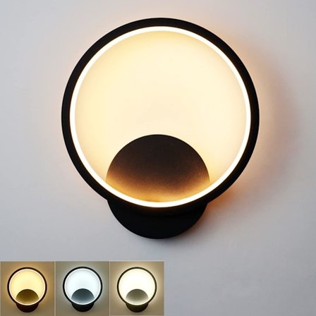 12W LED Innendørs Vegglampe, Svart Rund Design Vegglampe, Varmhvit Naturlig Hvit Kaldhvit Tre Lysmoduser, Vegglampe for Stue