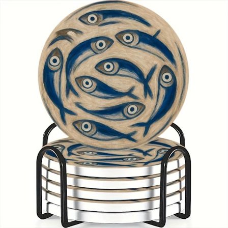 6-delt keramisk bordskånersæt med blåt fiskedesign - 4,05-tommers runde varmebestandige måtter, isolerende underlag til kaffe og boligindretning, 