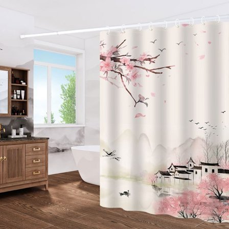 1 st duschdraperi med krokar Fåglar Hus Blommor Mönster, Mögelbeständig, Polyester Duschdraperi, 180 x 180 cm