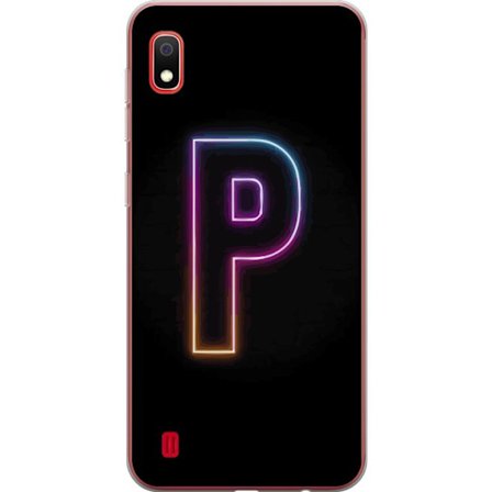 Kompatibel Mobilcover til Samsung Samsung Galaxy A10 Minimalistisk neonbogstav P i farvegradient og lyseffekt mod sort baggrund i digital neonstil