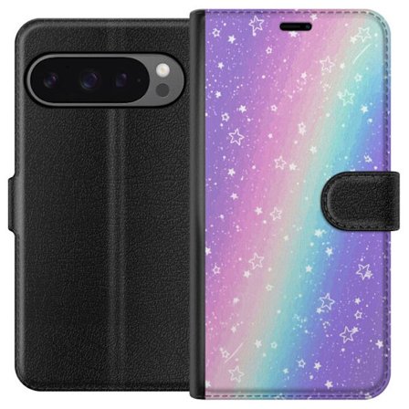 Kompatibelt Lommeboketui til Google Pixel 9 Pro XL Rainbow-farget pastellbakgrunn med hvite stjerner og gnistrende prikker i myk overgang