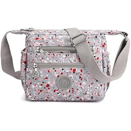 Crossbody-vesker for kvinner, multi-lomme crossbody-veske, skuldertaske, reiseveske (grå-rød prikk)