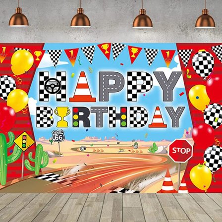 Racing Car Grattis på födelsedagen Bakgrund Banner Racing Lane Fotografi Bakgrund för Bil Racing Party Dekorationer Röd Rutig Banner Dekorationer