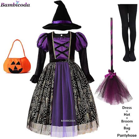 Halloween Barn Halloween Heks Festkjole Gotisk Spøkelse Kostyme Barn Kjole Robe Tutu Kjole Heks Hatt For Purim Karneval Fest -a