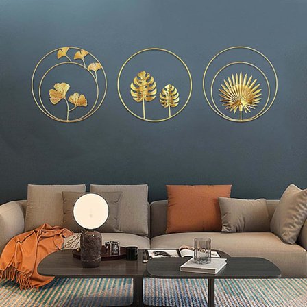 Guld Väggkonst Vardagsrum, 3 Delar Järn Väggskulpturer Metall Väggkonst Naturlig Gingko Biloba Vardagsrum Sovrum Vägg Heminredning (Rund)