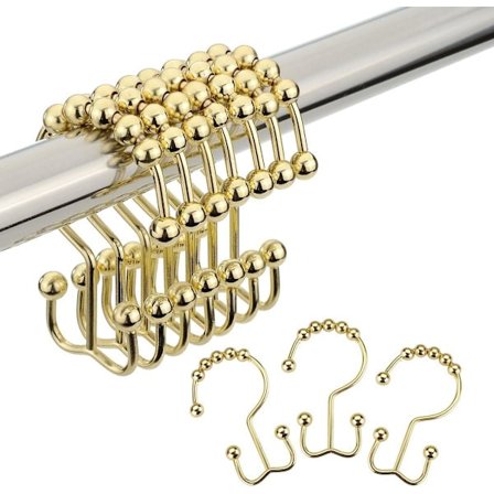 Duschgardinringar i guld, duschdraperiringar i rostfritt stål, 12 dubbla duschkrokar för duschdraperier i badrum Dubbla duschringar Rus