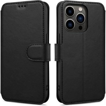 Plånboksskal - EF CONNECTION - för iPhone 14 Pro - Svart - Syntetiskt läder - 360° skydd