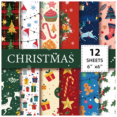 12 ark/pakke Julehæftepapir med elg, julekrans, indpakningspapir til gaveæsker, dekorationspapir, grundpapir til papirklipning