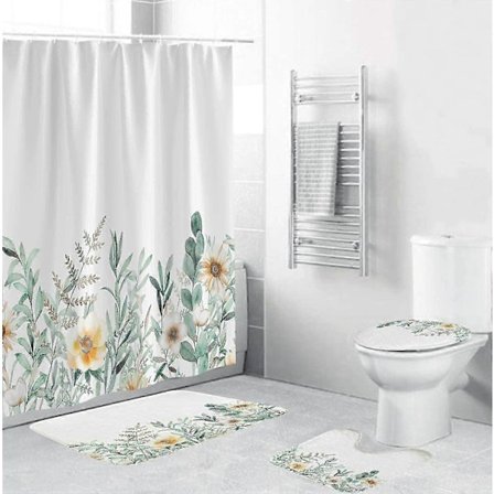 4 Delars Duschdraperisats för Badrum med Blommor och Halkfria Mattor, Vattentäta Växter och Blommor i Duschen (ShiKai)