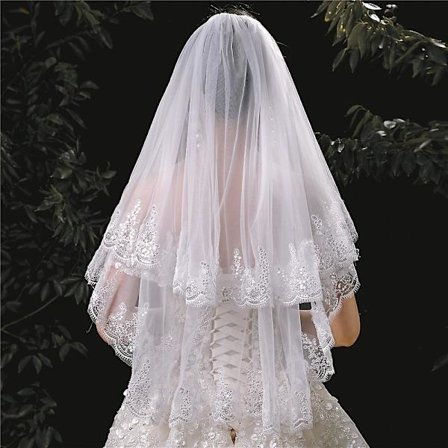 Hvit BryllupsSlør Kort Blonder BryllupsSlør Kvinner 2 Lag Myk Tyll Brudeslør med Kam Bryllup