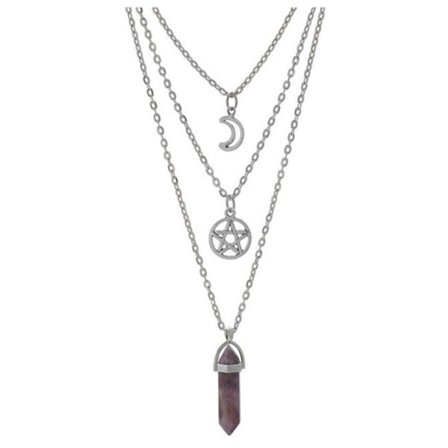 Necklace - Amethyst - Pentagram - Crescent Moon - Layered